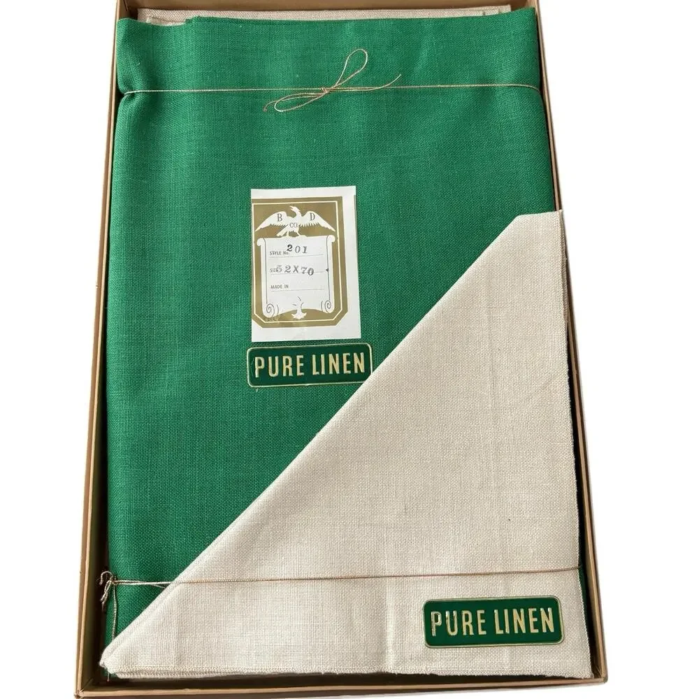 Vintage Kelly Green Pure Linen Tablecloth (52x70) 6 Ivory Linen Napkins NOS* 60s